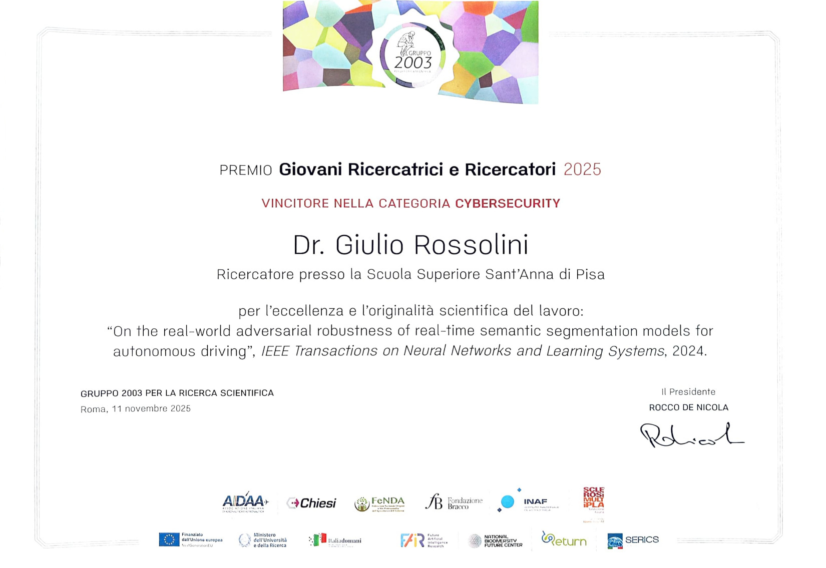 Giulio Rossolini Wins the 2025 “Premio Giovani Ricercatrici e Ricercatori” in Cybersecurity ( Gruppo 2003)