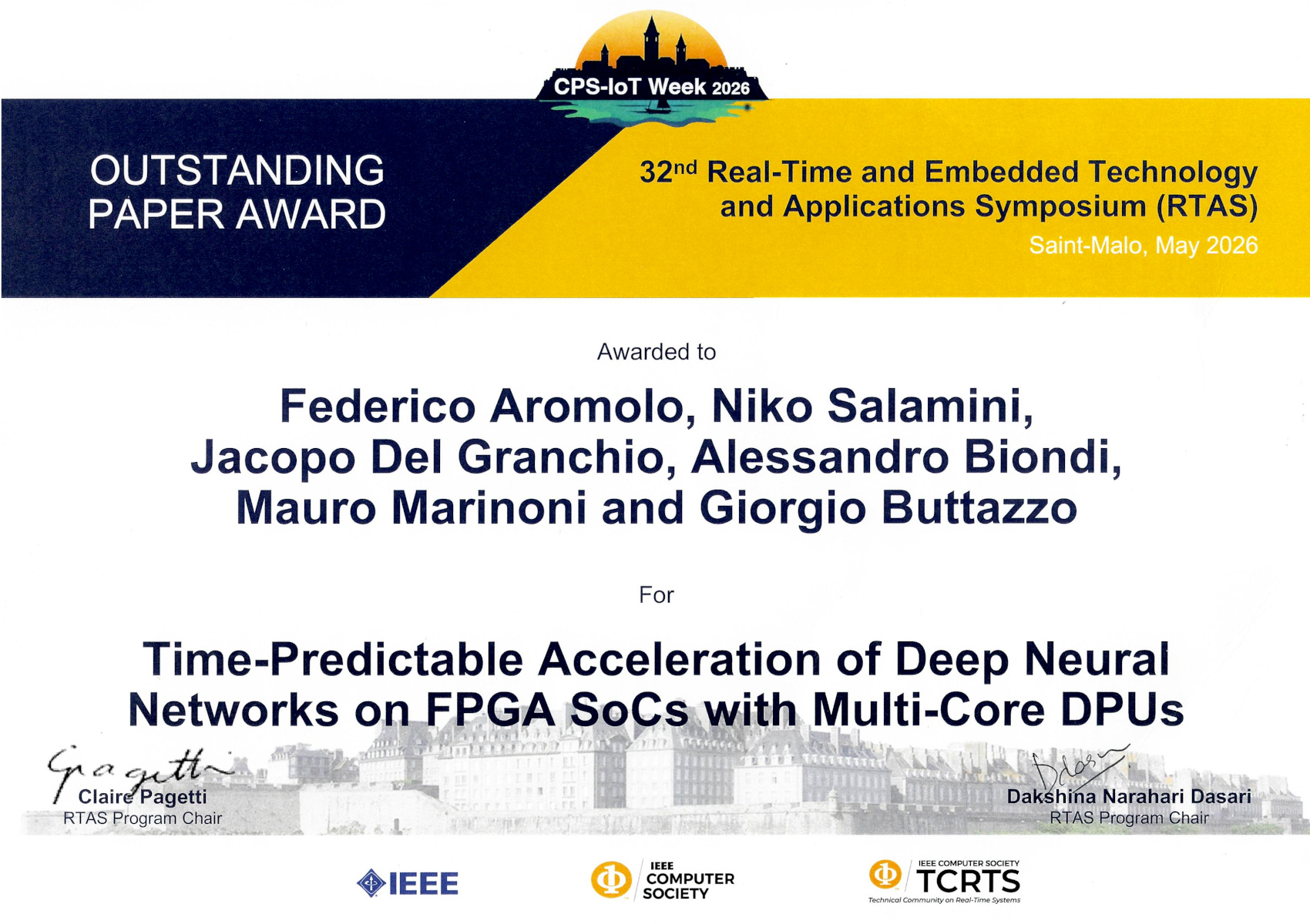 Outstanding Paper Award at the RTAS 2026 for research on time-predictable hardware acceleration of DNNs
